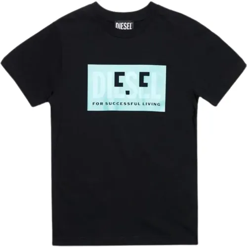 Kinder Schwarzes T-Shirt mit Türkisem Logo-Print - Diesel - Modalova