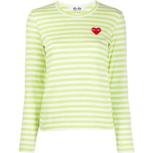 Gestreiftes T-Shirt mit Roter Herzapplikation in Hellgrün , Damen, Größe: S - Comme des Garçons Play - Modalova