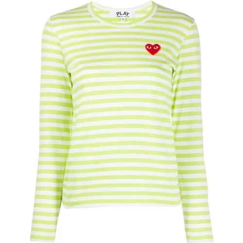 Gestreiftes T-Shirt mit Roter Herzapplikation in Hellgrün , Damen, Größe: XS - Comme des Garçons Play - Modalova