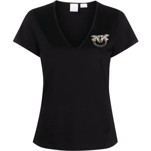Schwarze T-Shirts und Polos mit Kristall-/Studverzierung , Damen, Größe: M - pinko - Modalova