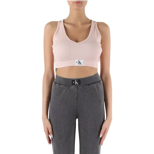 Stretch-Baumwoll-V-Ausschnitt-Rippentop , Damen, Größe: M - Calvin Klein Jeans - Modalova