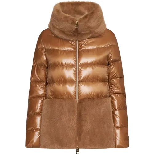 Quilted Camel Down Jacket with Faux Fur , female, Sizes: XL, L, M, S, 2XS, XS - Herno - Modalova