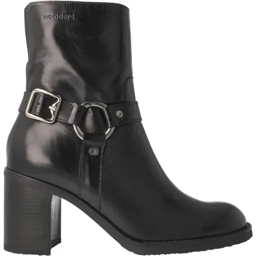 Schwarze Leder-Bikerstiefel mit metallischen Details , Damen, Größe: 38 EU - Wonders - Modalova