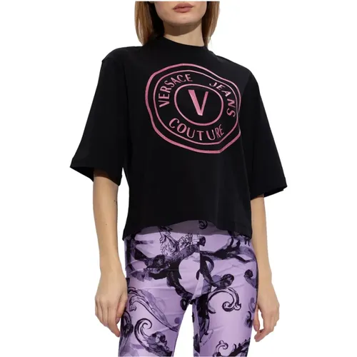 Schwarzes T-Shirt mit Brand Logo Print - Versace Jeans Couture - Modalova