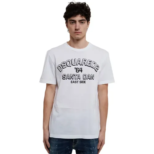 Weißes Baumwoll-T-Shirt mit Logo-Print , Herren, Größe: L - Dsquared2 - Modalova