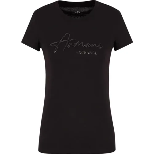 Schwarzes T-Shirt mit Paillettenlogo , Damen, Größe: XS - Armani Exchange - Modalova