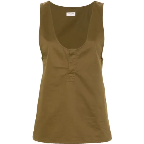 Kaki Linen Tank Top , female, Sizes: XL, M, L - Saint Laurent - Modalova