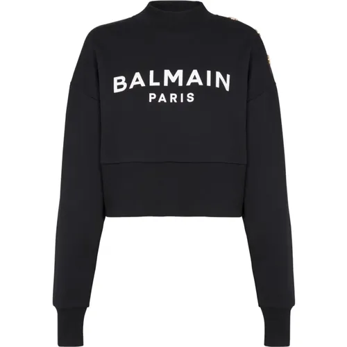Cotton cropped sweatshirt with logo print , female, Sizes: S, L - Balmain - Modalova