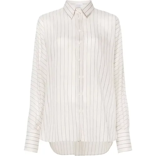 Light Beige Striped Cotton and Silk Shirt , female, Sizes: L, M - BRUNELLO CUCINELLI - Modalova