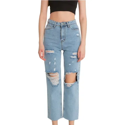 Ripped high-waisted jeans - D83616 , female, Sizes: W28, W26, W30, W25, W32 - catwalk - Modalova