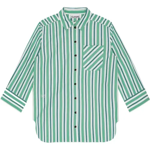 Green/White Striped Cotton Shirt , female, Sizes: M, S, L - Ganni - Modalova