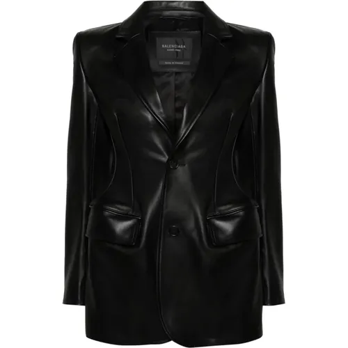 Schwarze Lederjacke mit eingeschnittenen Revers - Balenciaga - Modalova