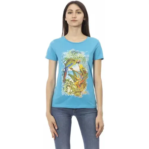 Elegantes blaues Tee mit Frontprint , Damen, Größe: M - Trussardi - Modalova