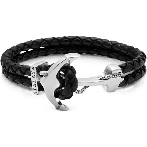 Men's Leather Bracelet with Silver Anchor - Nialaya - Modalova