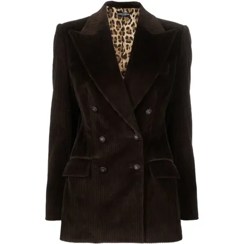 Corduroy Double-Breasted Jacket with Leopard Print Lining , female, Sizes: XS - Dolce & Gabbana - Modalova