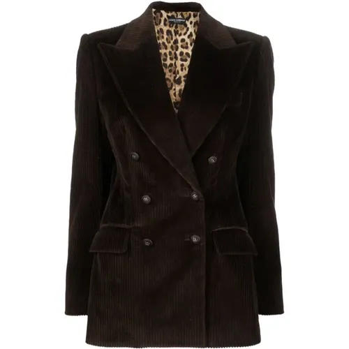 Corduroy Double-Breasted Jacket with Leopard Print Lining , female, Sizes: XS, S - Dolce & Gabbana - Modalova