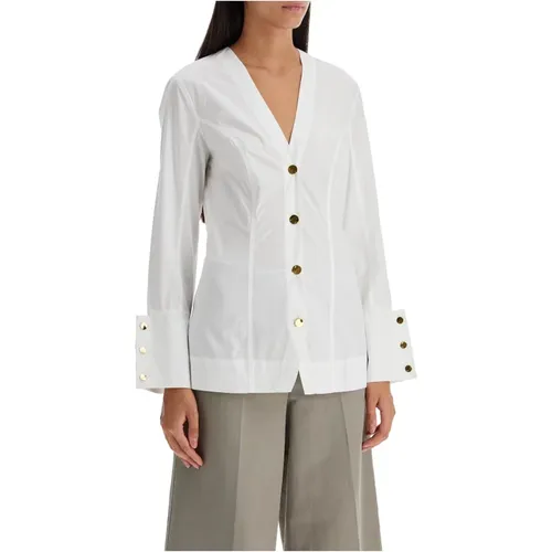 Golden Button V-Neck Poplin Shirt , female, Sizes: S - Ganni - Modalova