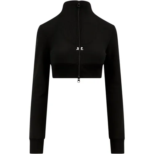 Schwarzer Sweatshirt mit Reißverschluss und Logo Patch , Damen, Größe: M - Courrèges - Modalova