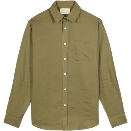 Olive Linen Shirt with Cutaway Collar , male, Sizes: S - Portuguese Flannel - Modalova