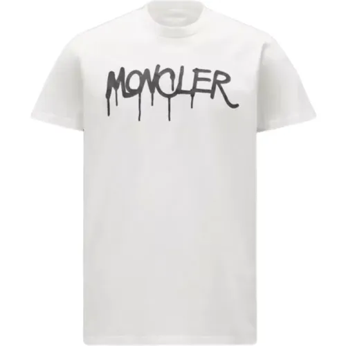 Weißes Baumwoll-Rundhals-Spray-Effekt T-Shirt , Herren, Größe: L - Moncler - Modalova