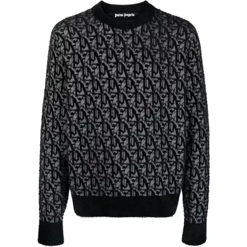 Grey Monogram Crew-Neck Sweater , male, Sizes: M, L - Palm Angels - Modalova