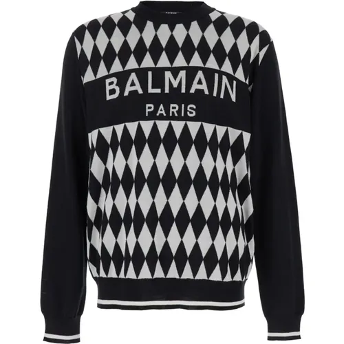 Diamant Jacquard Rundhalspullover Schwarz - Balmain - Modalova