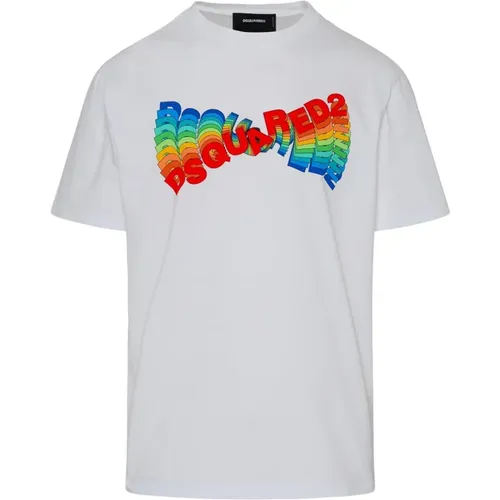 Weiße Baumwoll-T-Shirt mit Rundem Rippkragen und Kontrast Frontlogo Druck , Herren, Größe: XL - Dsquared2 - Modalova