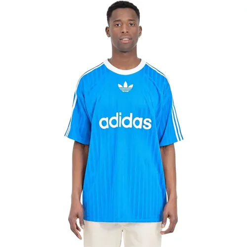 Blaues Logo Print T-shirt Gerippter Kragen - adidas Originals - Modalova