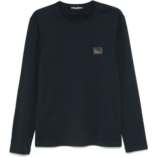 Blauer Jersey Crew Neck Logo T-shirt , Herren, Größe: L - Dolce & Gabbana - Modalova