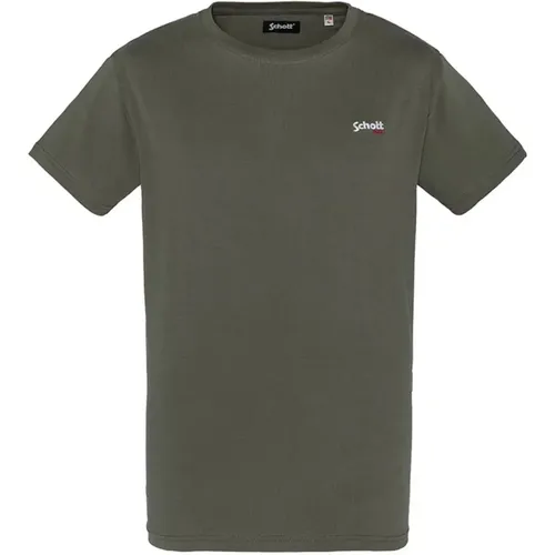Besticktes Baumwoll-T-Shirt - Grün , Herren, Größe: L - Schott NYC - Modalova