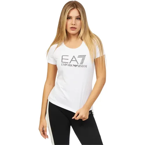 Organisches Baumwoll-EA7-T-Shirt mit zweifarbigem Logo , Damen, Größe: M - Emporio Armani EA7 - Modalova