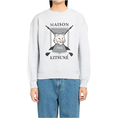 Grauer College Fox Print Sweatshirt , Damen, Größe: XS - Maison Kitsuné - Modalova