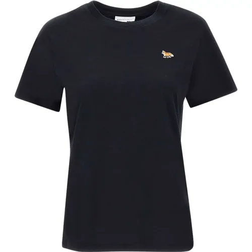 Schwarzes Baumwoll-T-Shirt mit Fuchslogo , Damen, Größe: L - Maison Kitsuné - Modalova