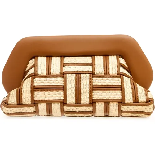 Large raffia clutch in leather and caramel , female, Sizes: ONE SIZE - THEMOIRè - Modalova