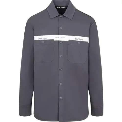 Anthracite Cotton Shirt with Tape Detail , male, Sizes: S - Palm Angels - Modalova
