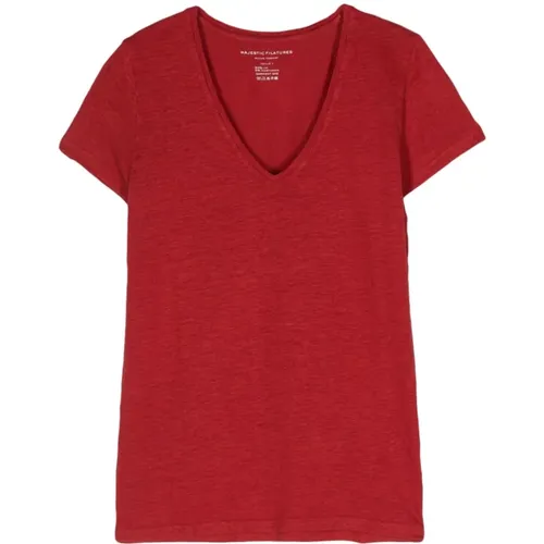 Rotes Leinen T-Shirt und Polo , Damen, Größe: L - majestic filatures - Modalova