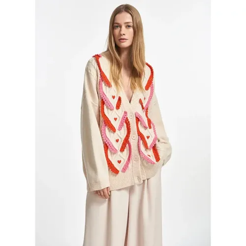 Vintage-inspired Heart Embroidered Cable Knit Cardigan , female, Sizes: M, L - Essentiel Antwerp - Modalova