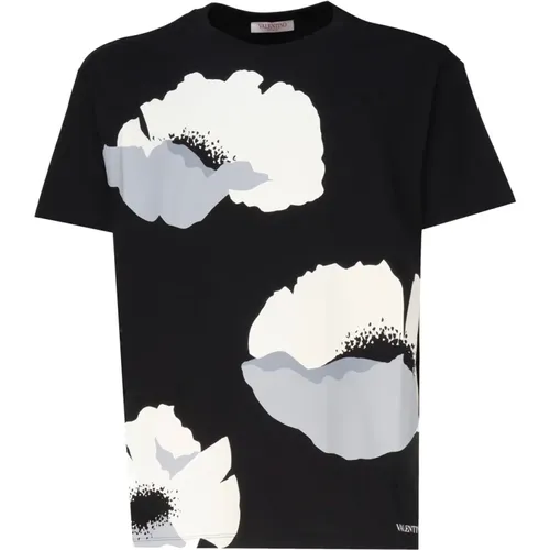 Schwarzes T-Shirt mit Blumenmuster,Blumenporträt Druck Baumwoll T-Shirt - Valentino Garavani - Modalova