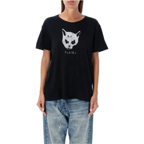 Schwarzes Katzen-Grafik T-Shirt , Damen, Größe: XS - R13 - Modalova