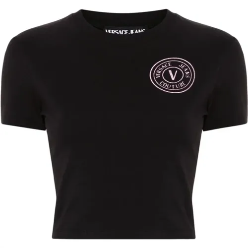 V-Emblem Logo T-Shirt , female, Sizes: L - Versace Jeans Couture - Modalova