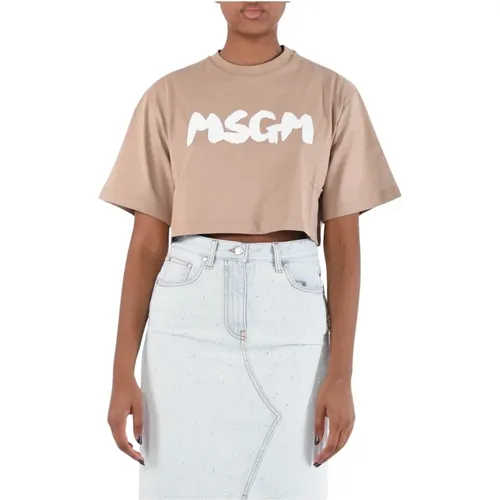 Cropped T-shirt with Brushed Logo Print , female, Sizes: L - Msgm - Modalova