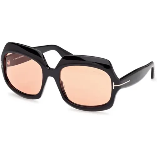 Braune Linse Schwarzer Rahmen Sonnenbrille , Damen, Größe: 60 MM - Tom Ford - Modalova