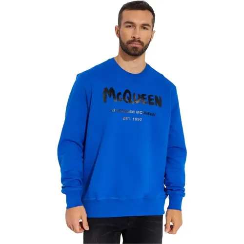 Blaues Logo Sweatshirt Rundhalsausschnitt Gerippt - alexander mcqueen - Modalova