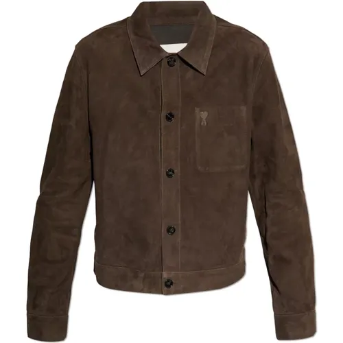 Suede jacket with logo , male, Sizes: L - Ami Paris - Modalova