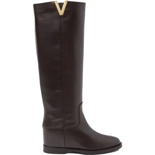 Braune Lederstiefel mit Goldem V-Logo - Via Roma 15 - Modalova