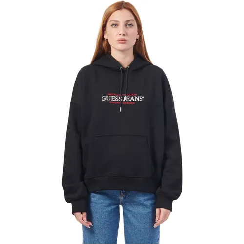 Schwarzer Oversized Hoodie mit American Tradition Logo , Damen, Größe: L - Guess - Modalova