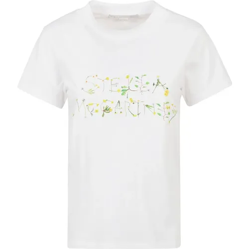 Logo Print Weiße Baumwoll-T-Shirt mit Blumenstickerei - Stella Mccartney - Modalova