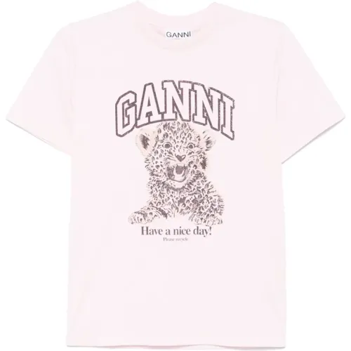 Leopard Logo Pink T-shirt Ganni - Ganni - Modalova