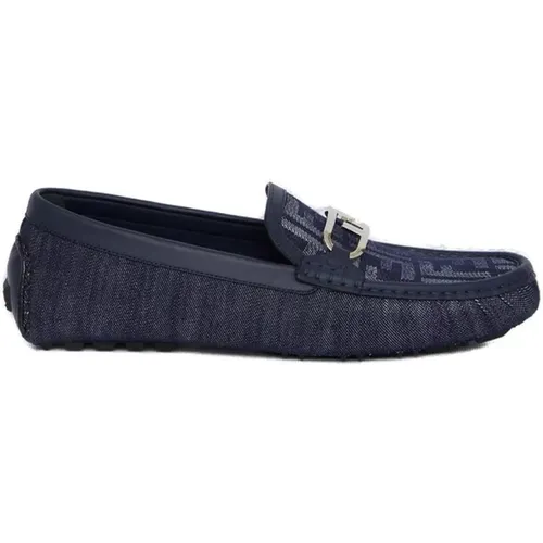 Navy Leather Moccasins with Logo , male, Sizes: 5 UK - Fendi - Modalova