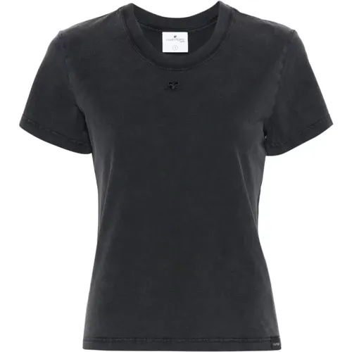 Dunkelgraues Baumwoll-T-Shirt mit Besticktem Logo , Damen, Größe: M - Courrèges - Modalova